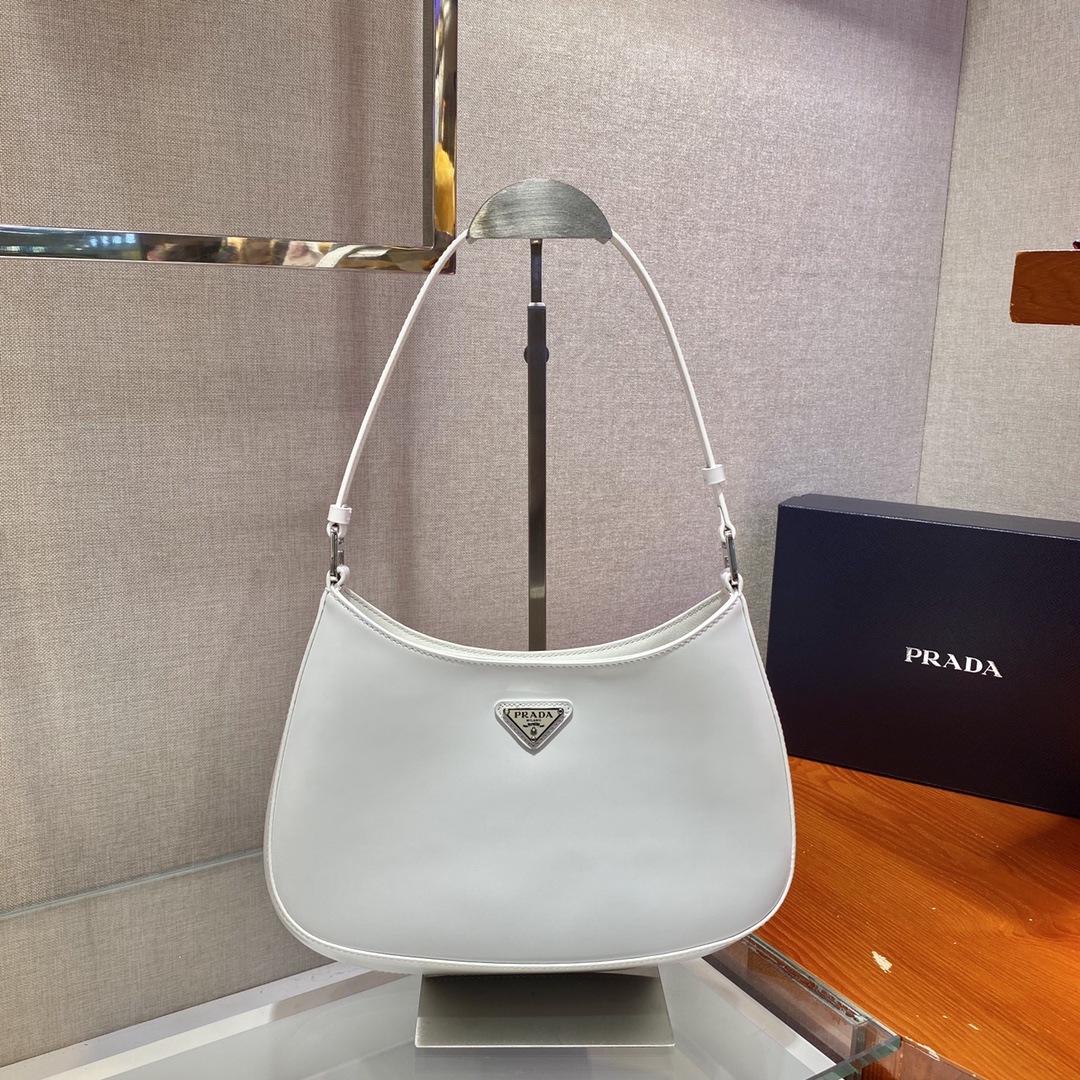 Prada Cleo Brushed Leather Shoulder Bag White 1BC499